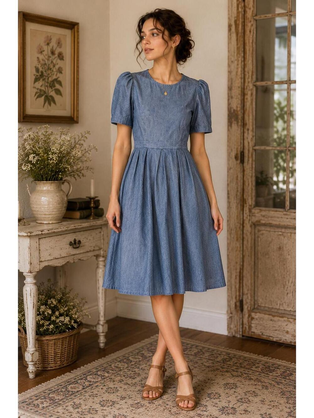 Chambray Blue Puff Sleeve Midi Dress w Pockets Size M